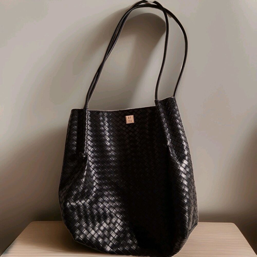 Beya Woven Faux Leather Black Open Top Shoulder Bag Double Strap